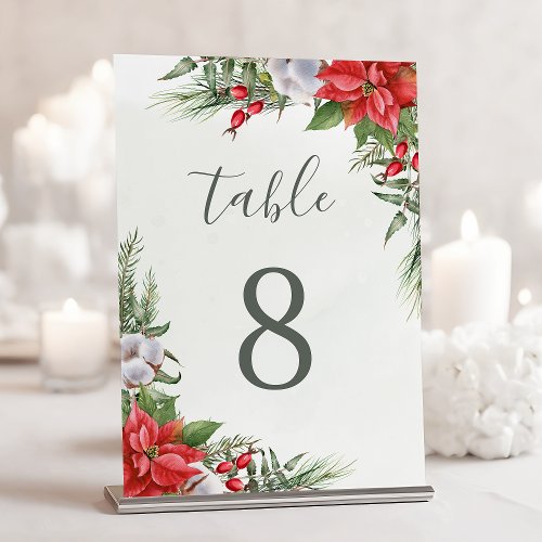 Christmas Poinsettia Winter Botanical Greenery Table Number