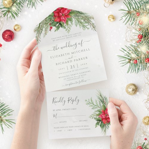 Christmas Poinsettia Winter Greenery Botanical All In One Invitation