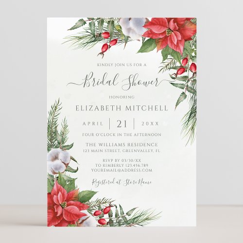Christmas Poinsettia Winter Greenery Bridal Shower Invitation