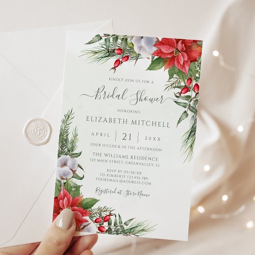 Christmas Poinsettia Winter Greenery Bridal Shower Invitation