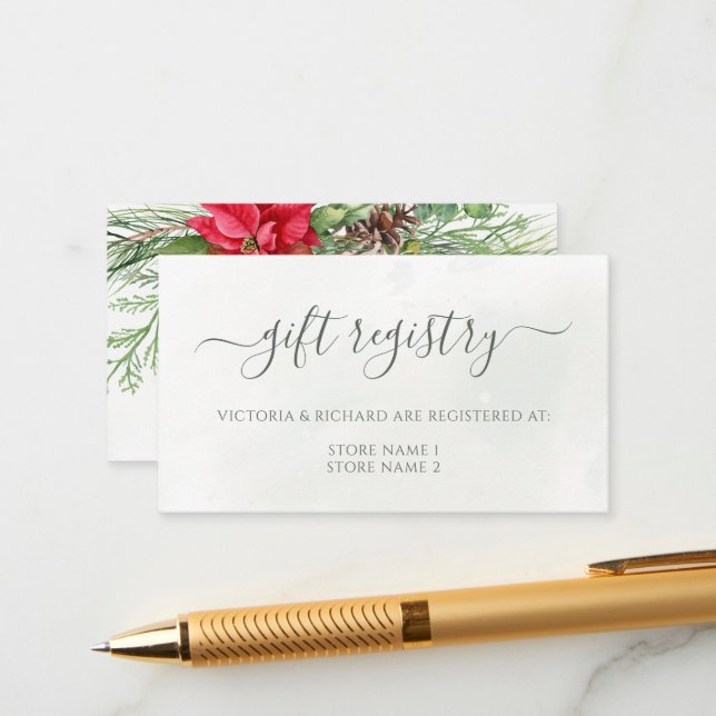 Christmas Poinsettia Winter Greenery Wedding Enclosure Card (Front/Back In Situ)