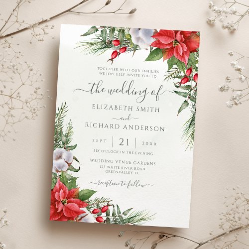 Christmas Poinsettia Winter Greenery Wedding Invitation