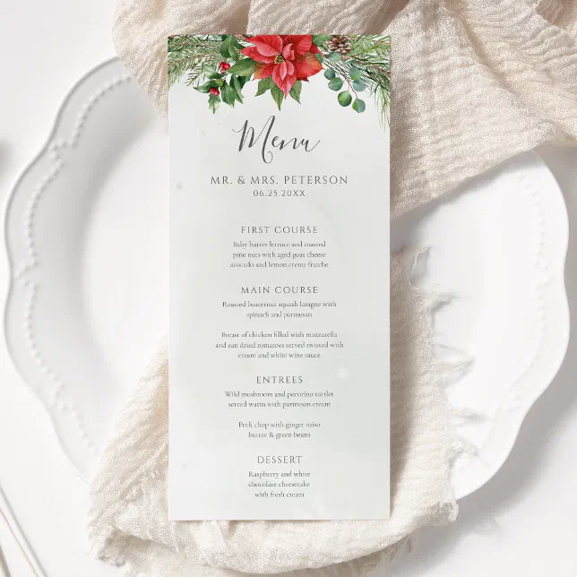 Christmas Poinsettia Winter Greenery Wedding Menu
