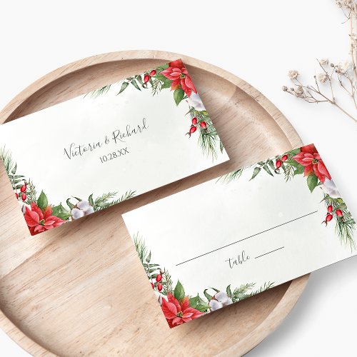 Christmas Poinsettia Winter Greenery Wedding Place Card