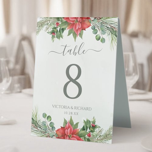 Christmas Poinsettia Winter Greenery Wedding Table Tent Sign