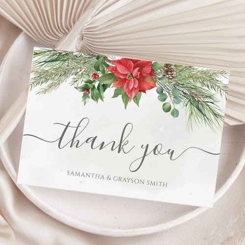 Christmas Poinsettia Winter Greenery Wedding Thank You Card