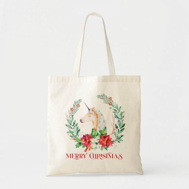 Christmas poinsettia wreath and unicorn tote bag (Front)