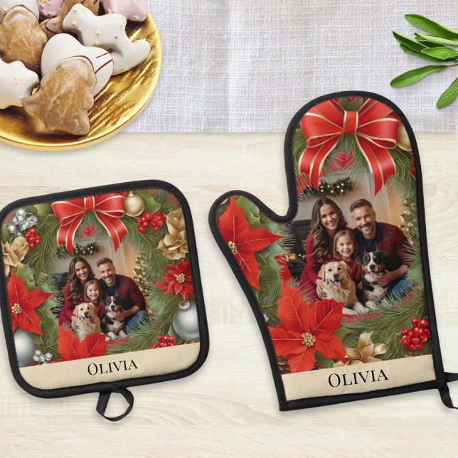 Christmas Poinsettia Wreath Elegant Custom Photo  Oven Mitt & Pot Holder Set (A Christmas pot holder and oven mitt with red poinsettia wreath design. Add a custom photo and name)