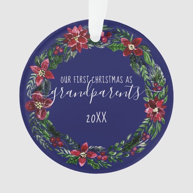 Christmas Poinsettia Wreath Grandparents Photo Ornament (Front)