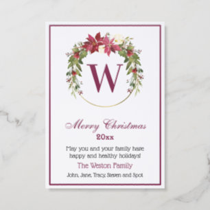 Christmas Poinsettia Wreath Init Family Name #1F Letterpress Photo Cards