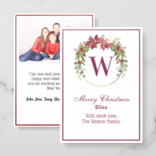 Christmas Poinsettia Wreath Init Family Name Image Letterpress Photo Cards