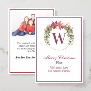 Christmas Poinsettia Wreath Init Family Name Image Letterpress Photo Cards