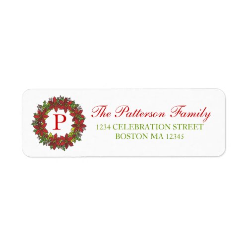 Christmas Poinsettia Wreath Monogram Address Label