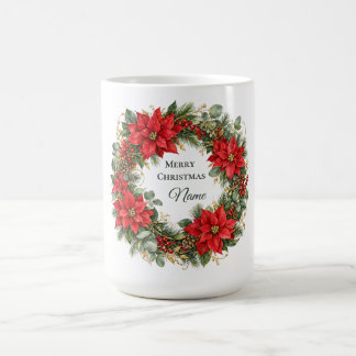 Christmas Poinsettia Wreath Mug with Custom Name