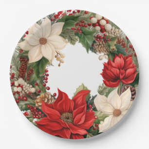 Christmas Poinsettias and Holly Paper Plates