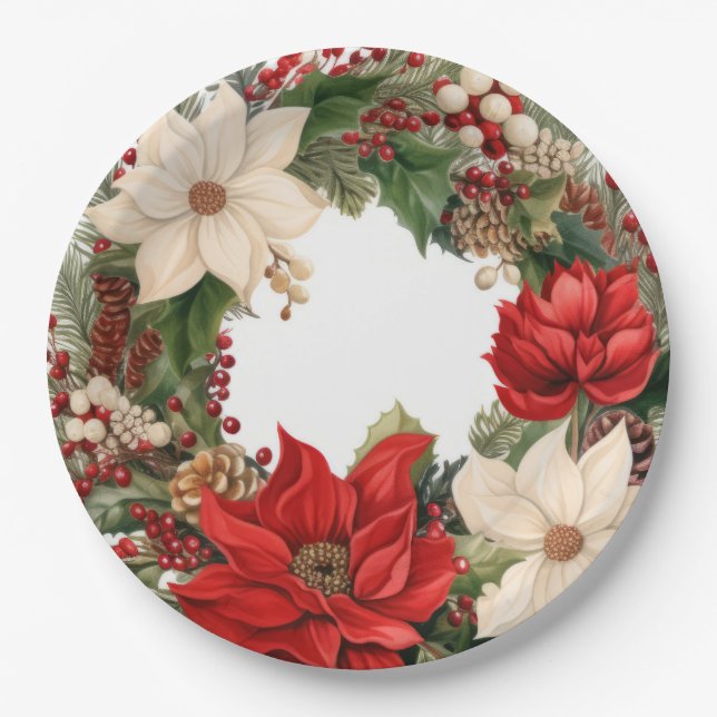 Christmas Poinsettias and Holly  Paper Plates (Front)