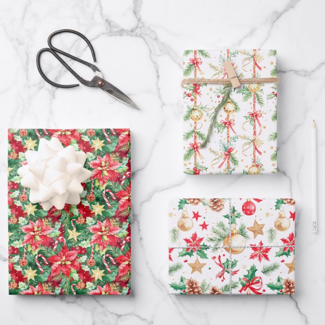 Christmas Poinsettias and Ornaments Wrapping Paper Sheets (Front)