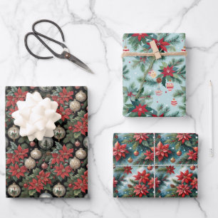 Christmas Poinsettias and Ornaments Wrapping Paper Sheets