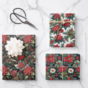 Christmas Poinsettias and Pinecones Wrapping Paper Sheets