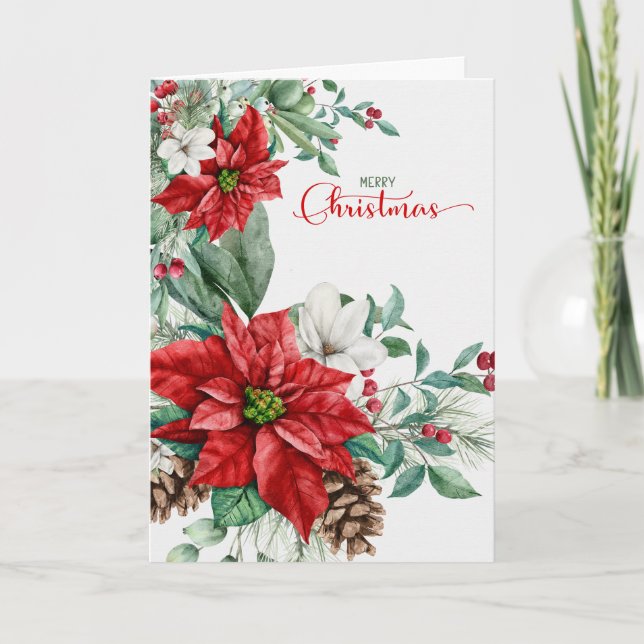 Christmas Poinsettias and Pines Elegant Simplicity Holiday Card (Front)