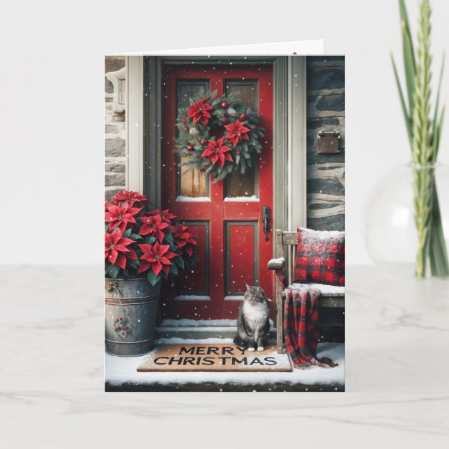 Christmas Poinsettias and Tabby Cat On Doormat Holiday Card (Front)