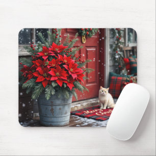 Christmas Poinsettias and White Cat Mouse Pad