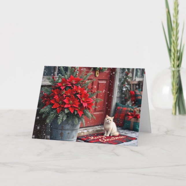 Christmas Poinsettias and White Cat On Doormat Holiday Card (Front)