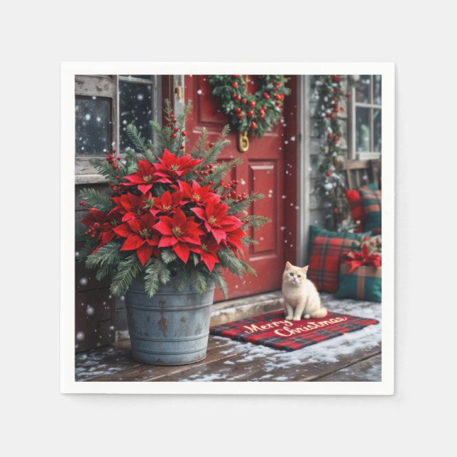 Christmas Poinsettias and White Cat On Doormat Napkins (Front)