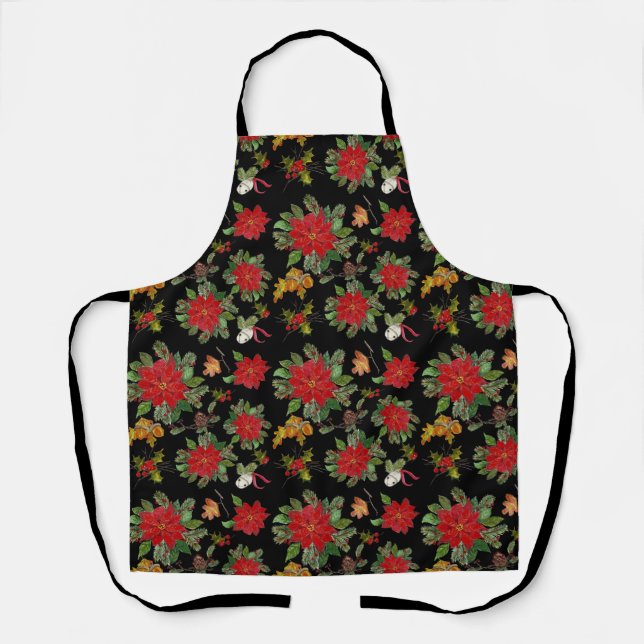 Christmas Poinsettias Bells Acorns Pine Cones 2 Apron (Front)