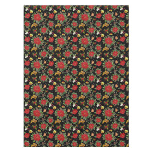 Christmas Poinsettias Bells Acorns Pine Cones Tablecloth