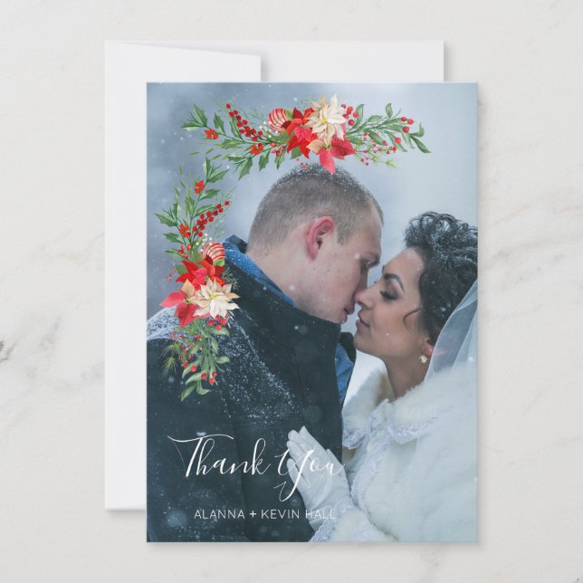 Christmas Poinsettias Flowers & Branches Photo Thank You Card (Front)
