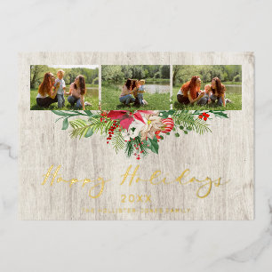 Christmas Poinsettias Garland Classic 3 Photos Foil Invitation