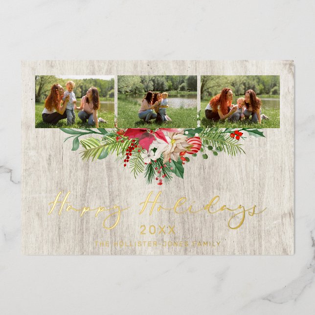 Christmas Poinsettias Garland Classic 3 Photos Foil Invitation (Front)