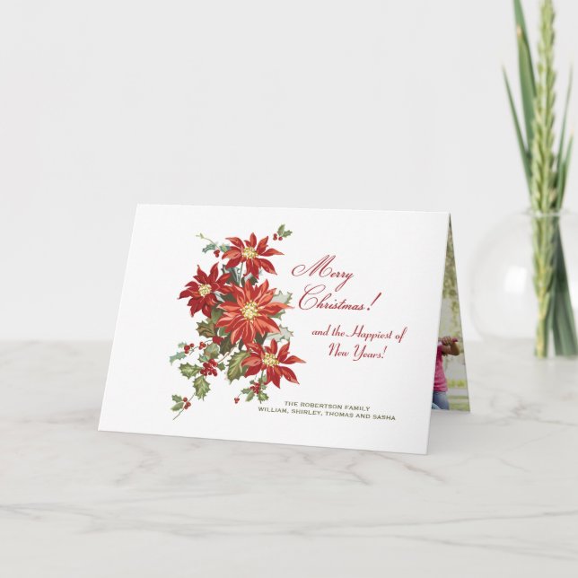 Christmas Poinsettias (H) Folded Holiday Photo Car Card (Front)