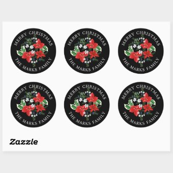 Christmas Poinsettias Holly And Juniper Floral Classic Round Sticker Zazzle