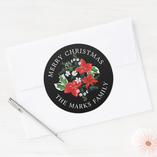 Christmas Poinsettias Holly And Juniper Floral Classic Round Sticker Zazzle
