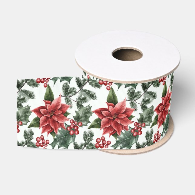 Christmas Poinsettias Holly Berries and Leaves Grosgrain Ribbon (Spool)