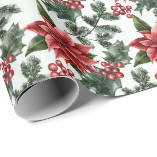Christmas Poinsettias Holly Berries and Leaves  Wrapping Paper