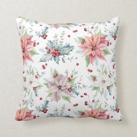 Christmas Poinsettias Holly Leaves Berries Throw Pillow
