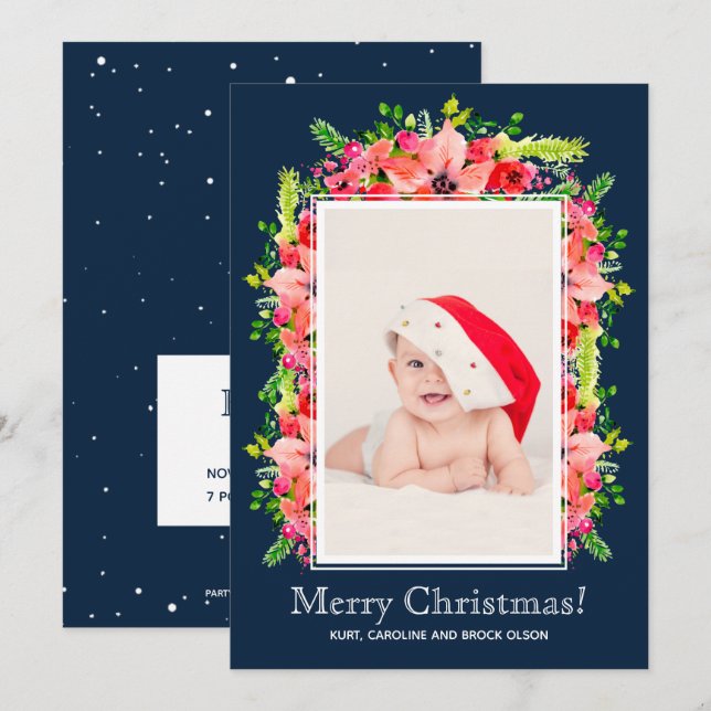 Christmas Poinsettias Photo Birth Announcements (Front/Back)