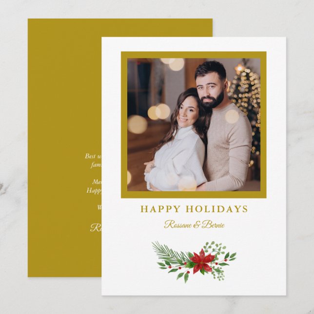 Christmas Poinsettias Photo Golden Effect Holiday Card (Front/Back)