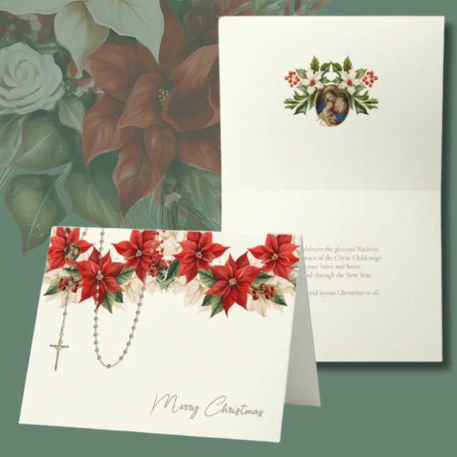 Christmas Poinsettias Rosary Virgin Mary Jesus Holiday Card (Creator Uploaded)