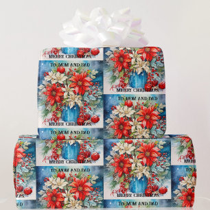 Christmas Poinsettias To Mom and Dad Custom Text Wrapping Paper