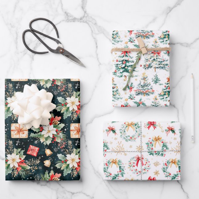 Christmas Poinsettias, Trees and Wreaths Wrapping Paper Sheets (Front)