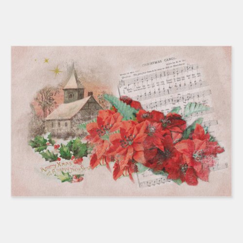 Christmas Poinsettias Vintage Wrapping Paper Sheets