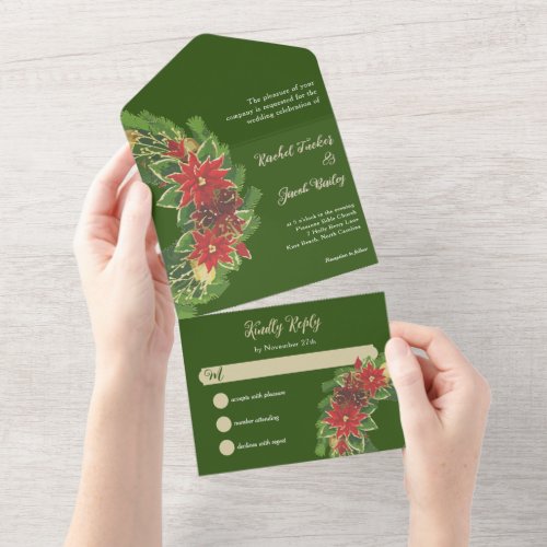 Christmas Poinsettias Wedding Green All In One Invitation