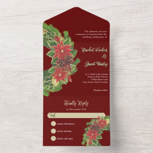 Christmas Poinsettias Wedding Red  Green All In One Invitation