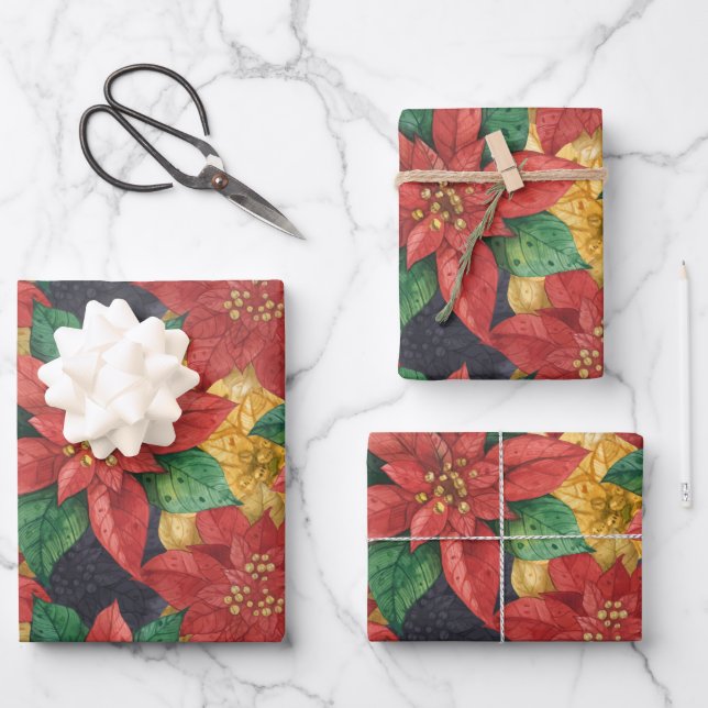 Christmas Poinsettias Wrapping Paper Sheets (Front)