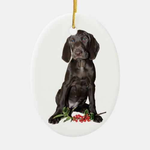 Christmas Pointer Puppy Ceramic Ornament