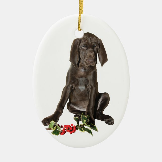 Christmas Pointer Puppy Ceramic Ornament (Front)